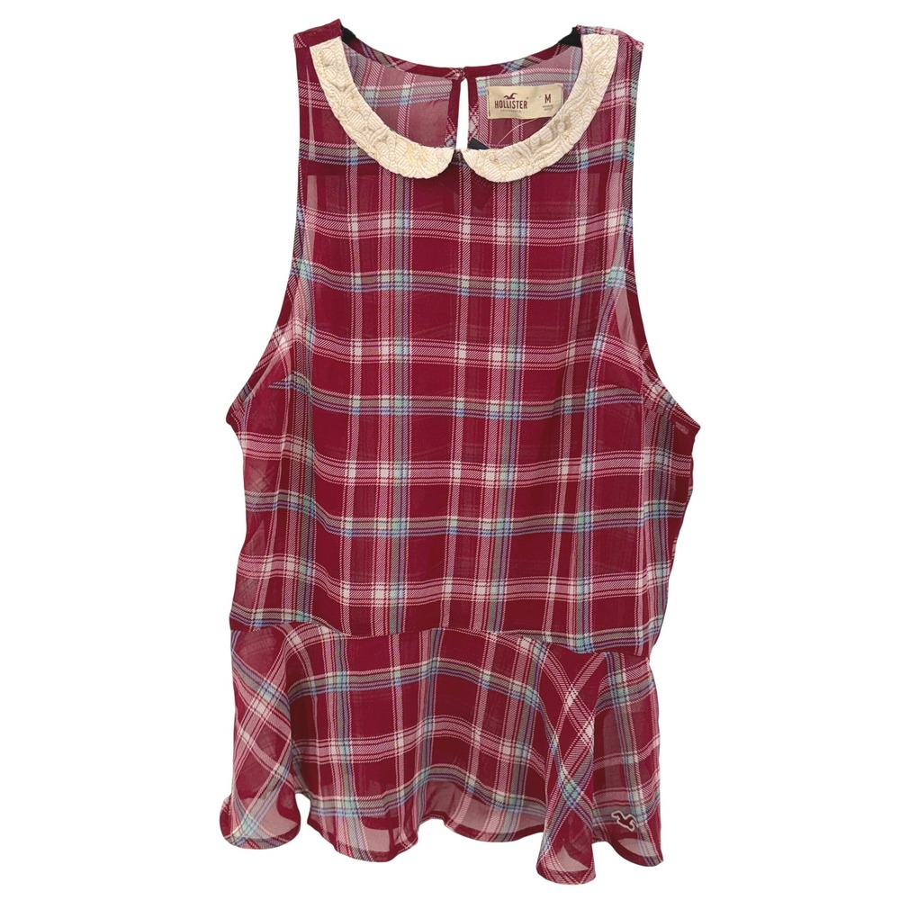 Hollister Coquette Red Plaid Peplum Top Lace Peter Pan Collar‎ Dark Academia M